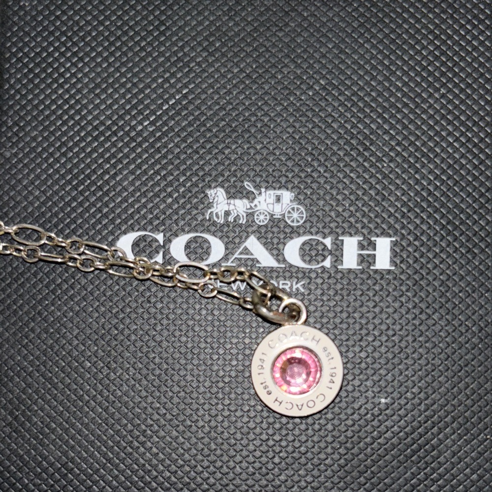 Coach Silver Necklace- White “COACH” Charm with Pink Rhinestone Center - Picture 2 of 8